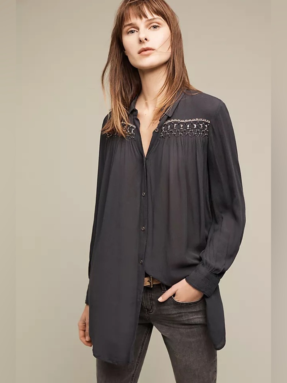 Anthropologie Floreat | NWT Beulah Black Beaded Button down Tunic Sz XS